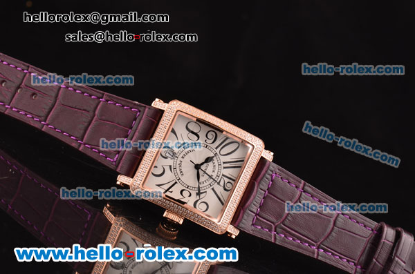 Franck Muller Master Square Swiss Quartz Rose Gold Case with Diamond bezel and Purple Leather Strap - Click Image to Close